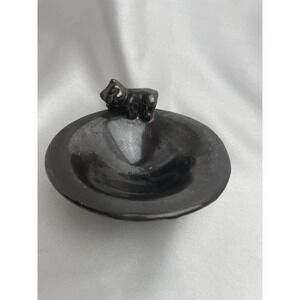 Pottery Cat Kitten Laying On Side Trinket Dish Tray Soft Black Glaze Iridescent